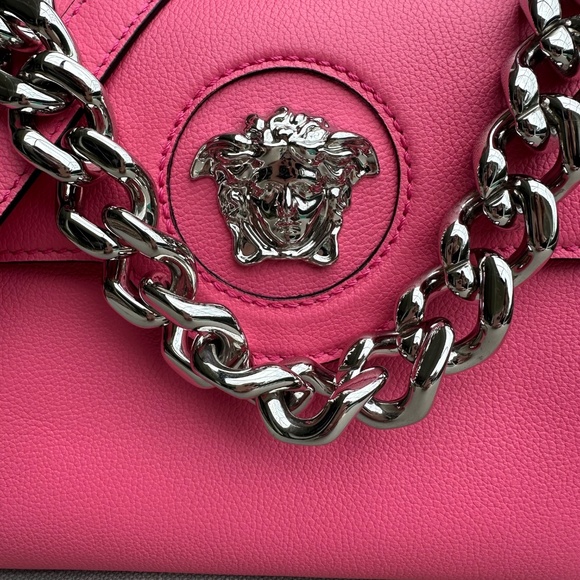 Versace Top Handle Bag FlamingoPink La Medusa Vitello Leather Crossbody Tags NEW - Picture 2 of 13